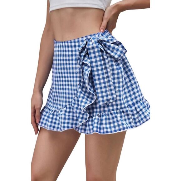 SHEIN Dresses & Skirts - Shein women’s gingham blue and white wrap, skirt, side tie, size small